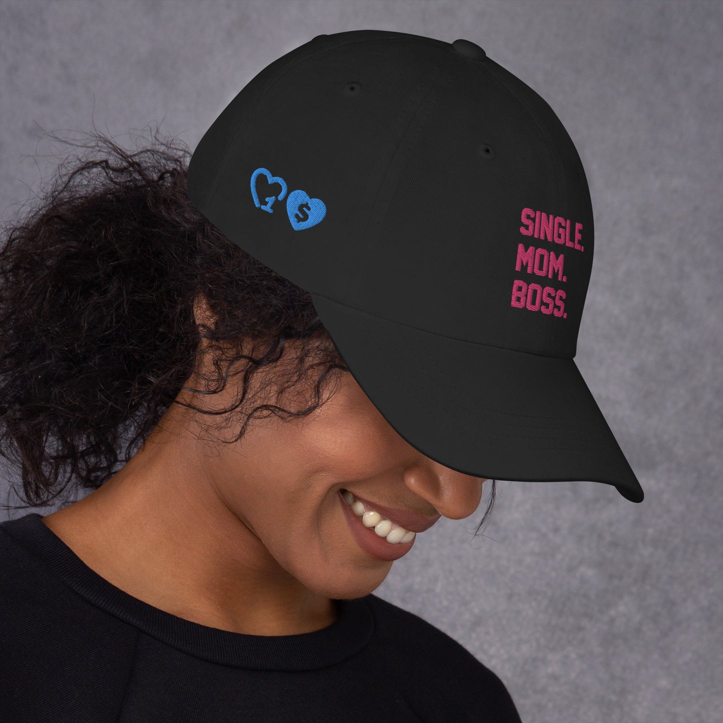 SINGLE. MOM. BOSS. "MOM" HAT (PINK + BLUE)