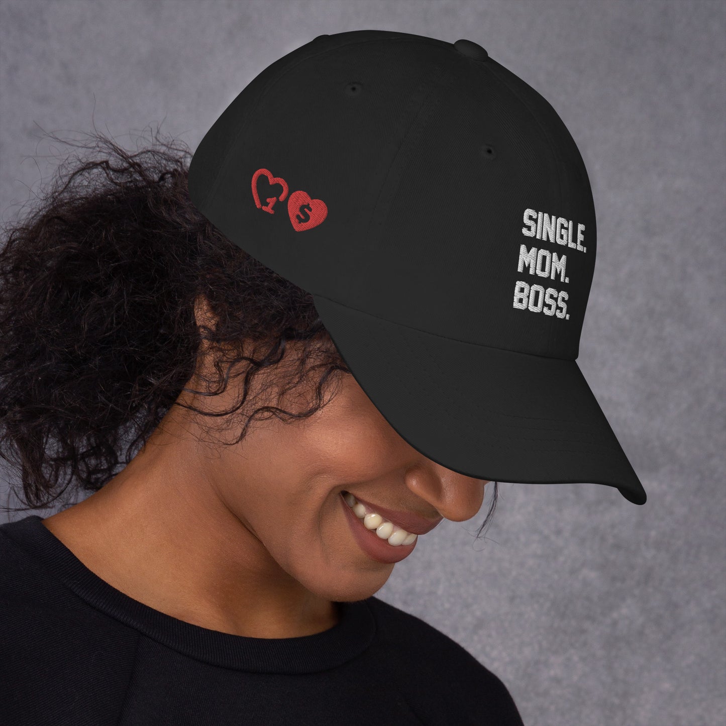 SINGLE. MOM. BOSS. "MOM" HAT (WHITE + RED)