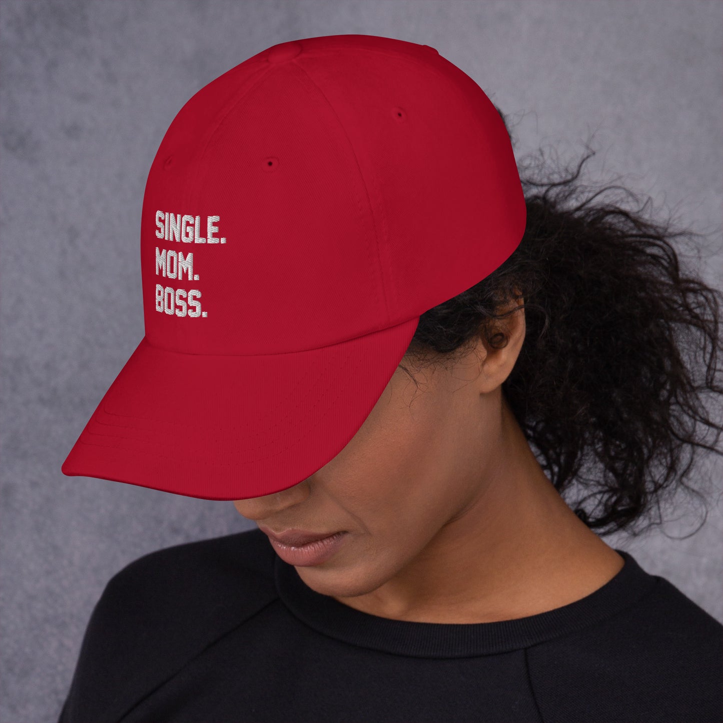 SINGLE. MOM. BOSS. "MOM" HAT (WHITE + RED)