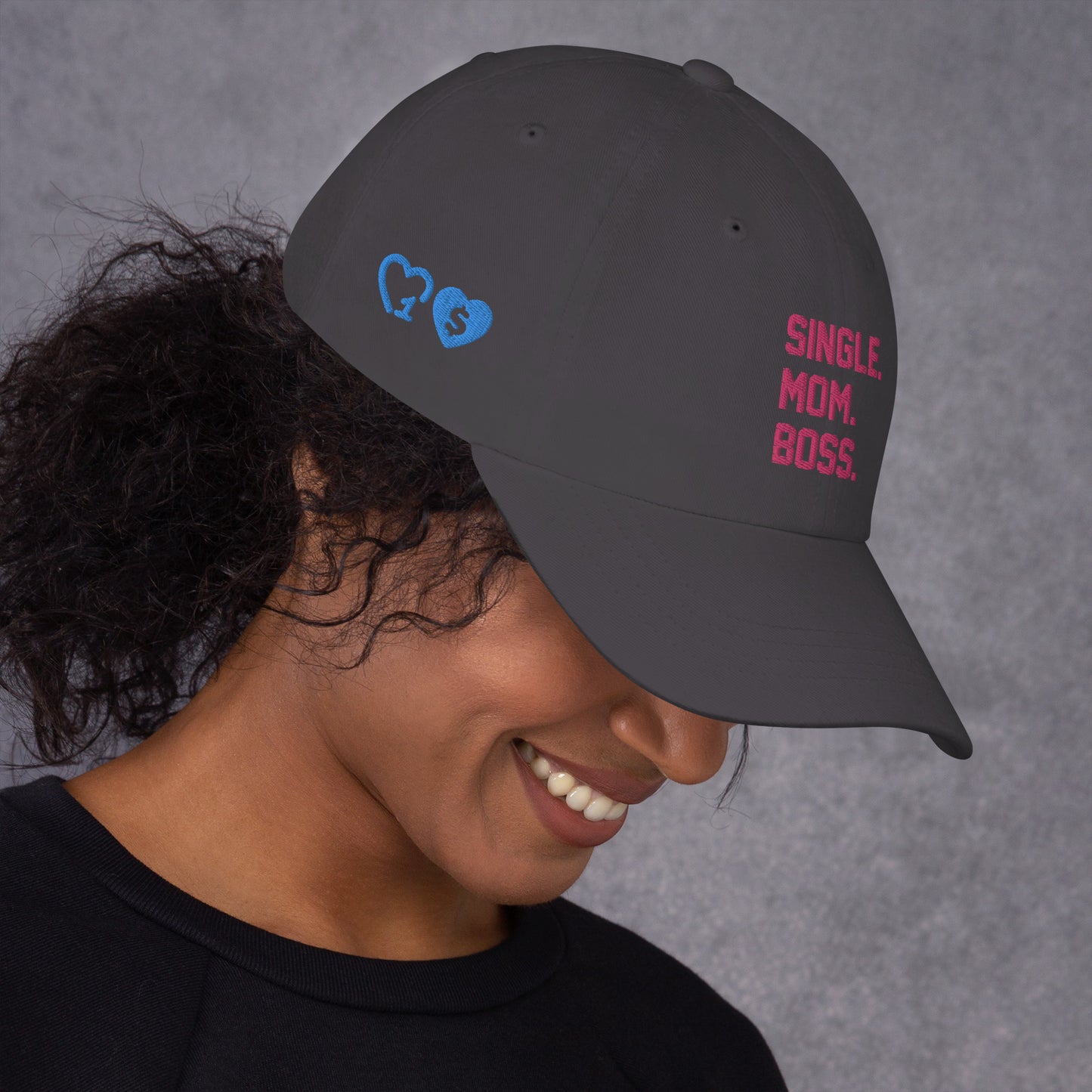 SINGLE. MOM. BOSS. "MOM" HAT (PINK + BLUE)