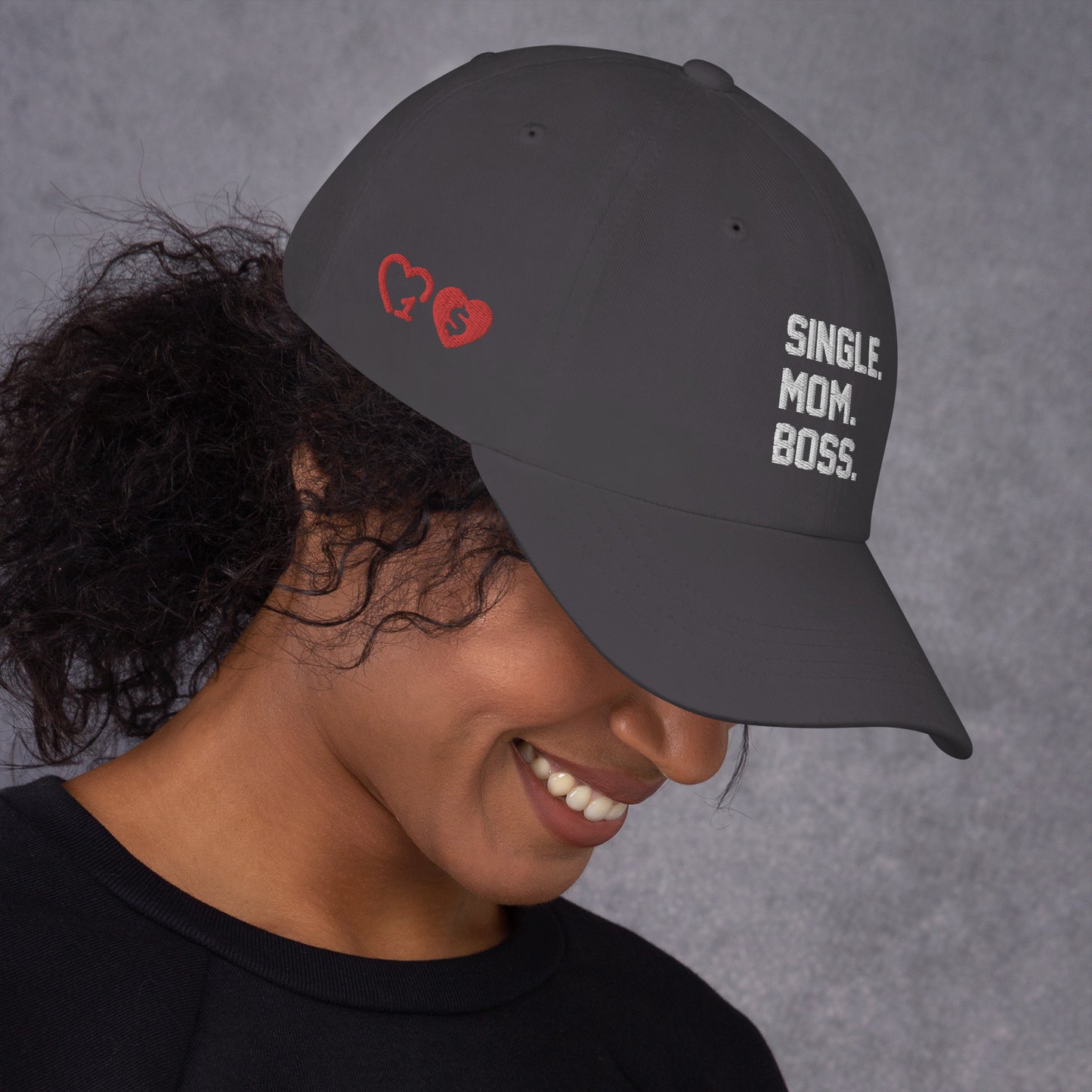 SINGLE. MOM. BOSS. "MOM" HAT (WHITE + RED)