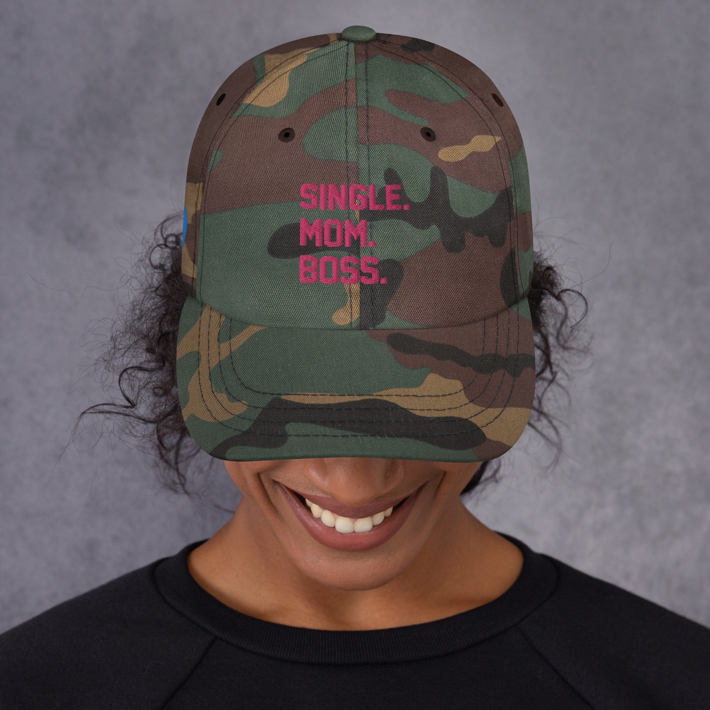 SINGLE. MOM. BOSS. "MOM" HAT (PINK + BLUE)