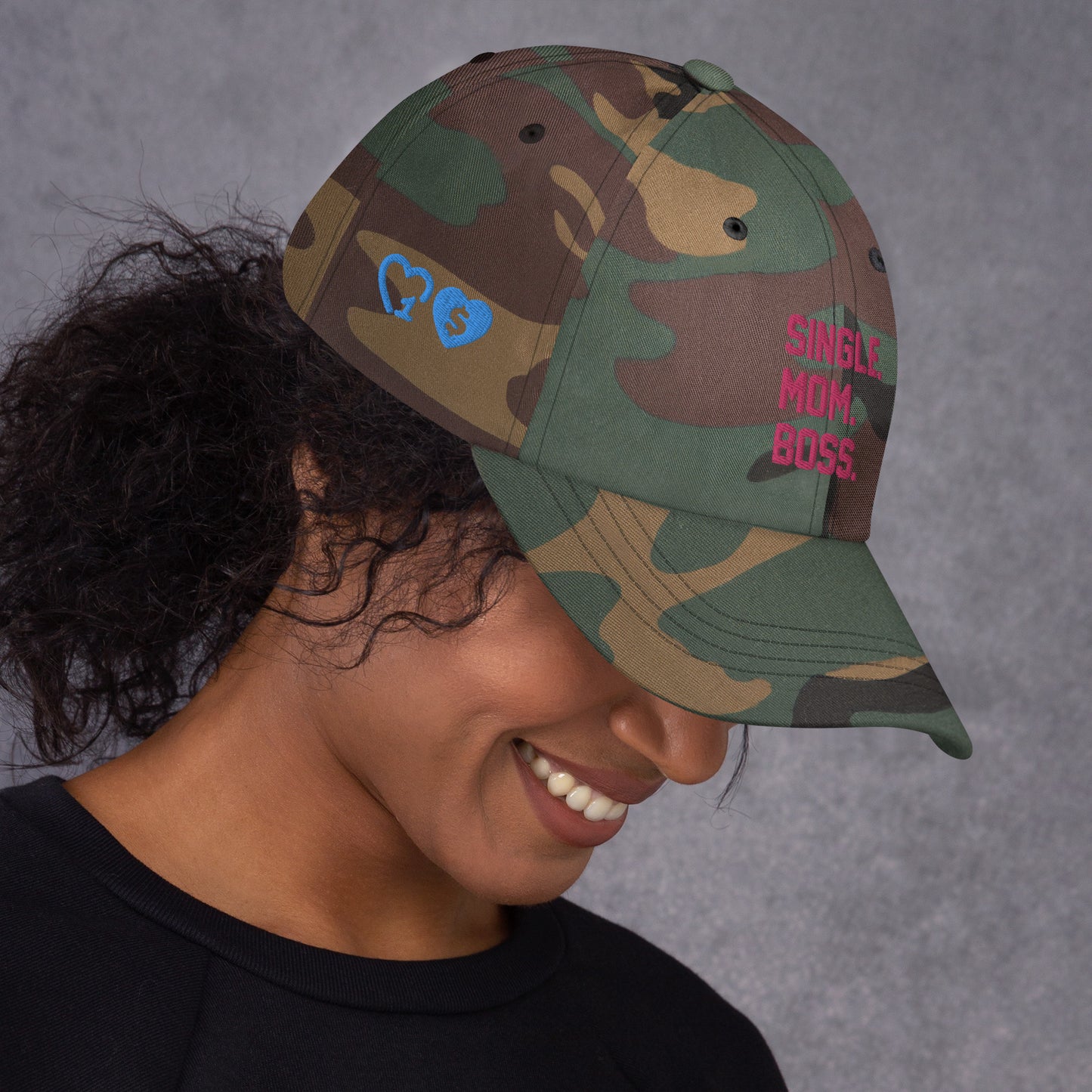 SINGLE. MOM. BOSS. "MOM" HAT (PINK + BLUE)