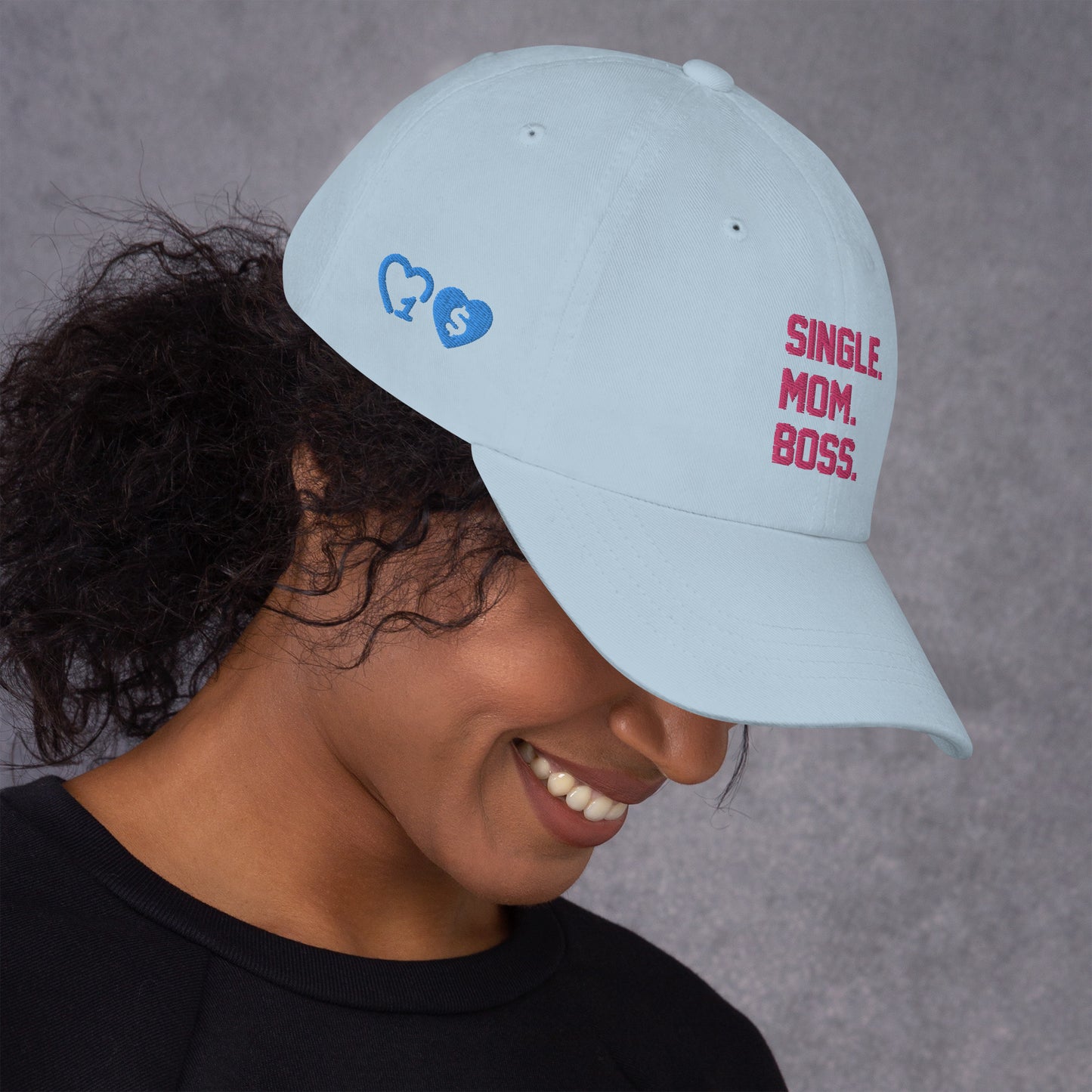 SINGLE. MOM. BOSS. "MOM" HAT (PINK + BLUE)