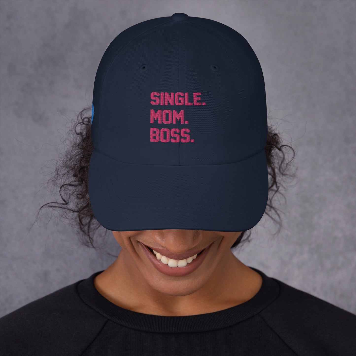 SINGLE. MOM. BOSS. "MOM" HAT (PINK + BLUE)