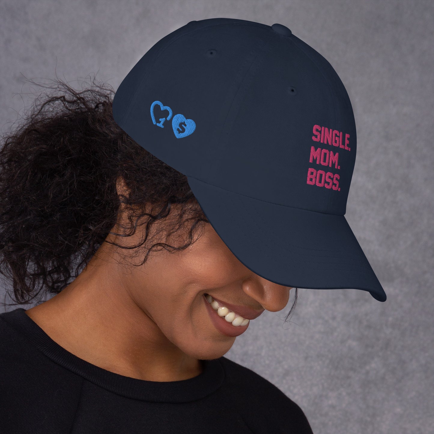 SINGLE. MOM. BOSS. "MOM" HAT (PINK + BLUE)