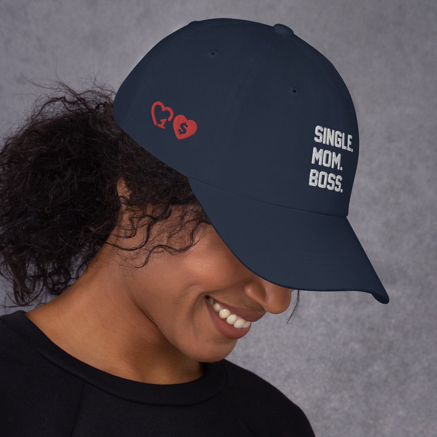 SINGLE. MOM. BOSS. "MOM" HAT (WHITE + RED)