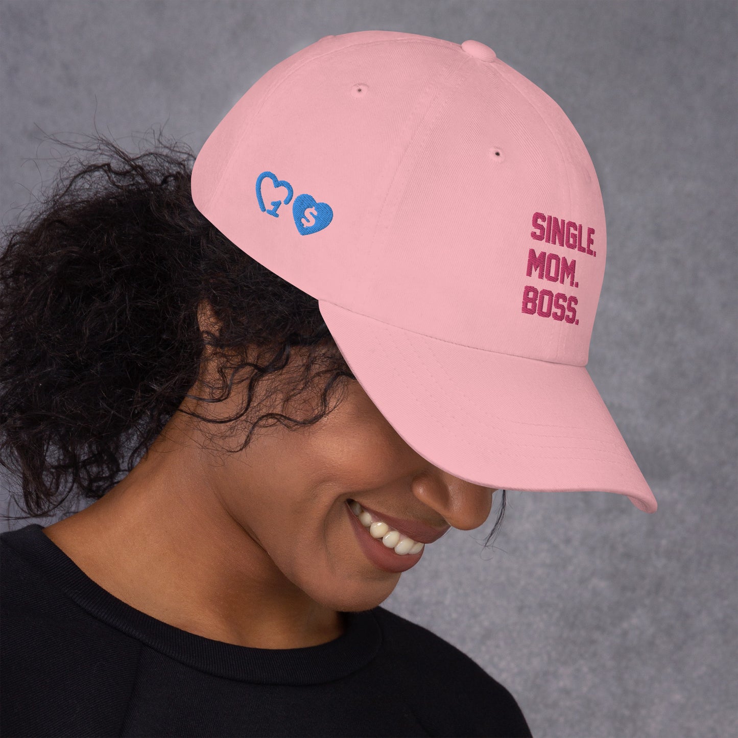 SINGLE. MOM. BOSS. "MOM" HAT (PINK + BLUE)