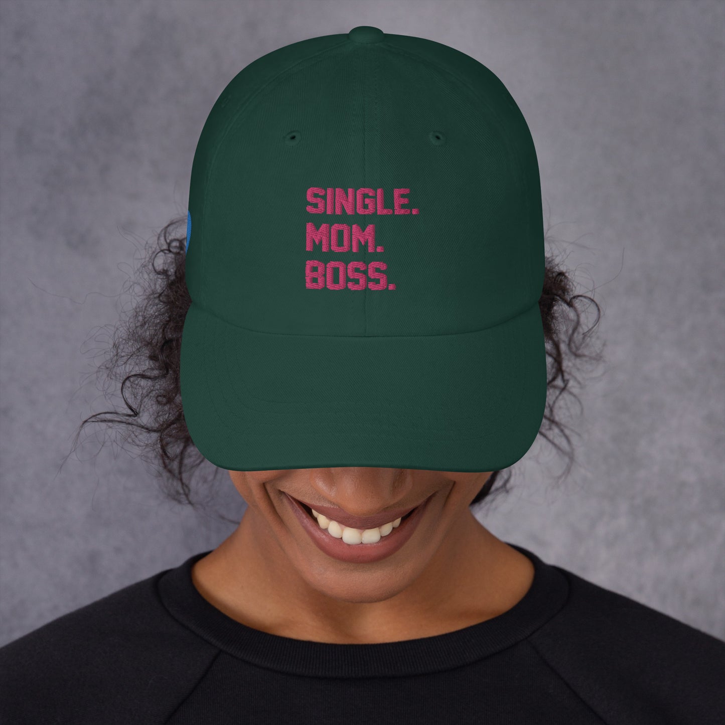 SINGLE. MOM. BOSS. "MOM" HAT (PINK + BLUE)