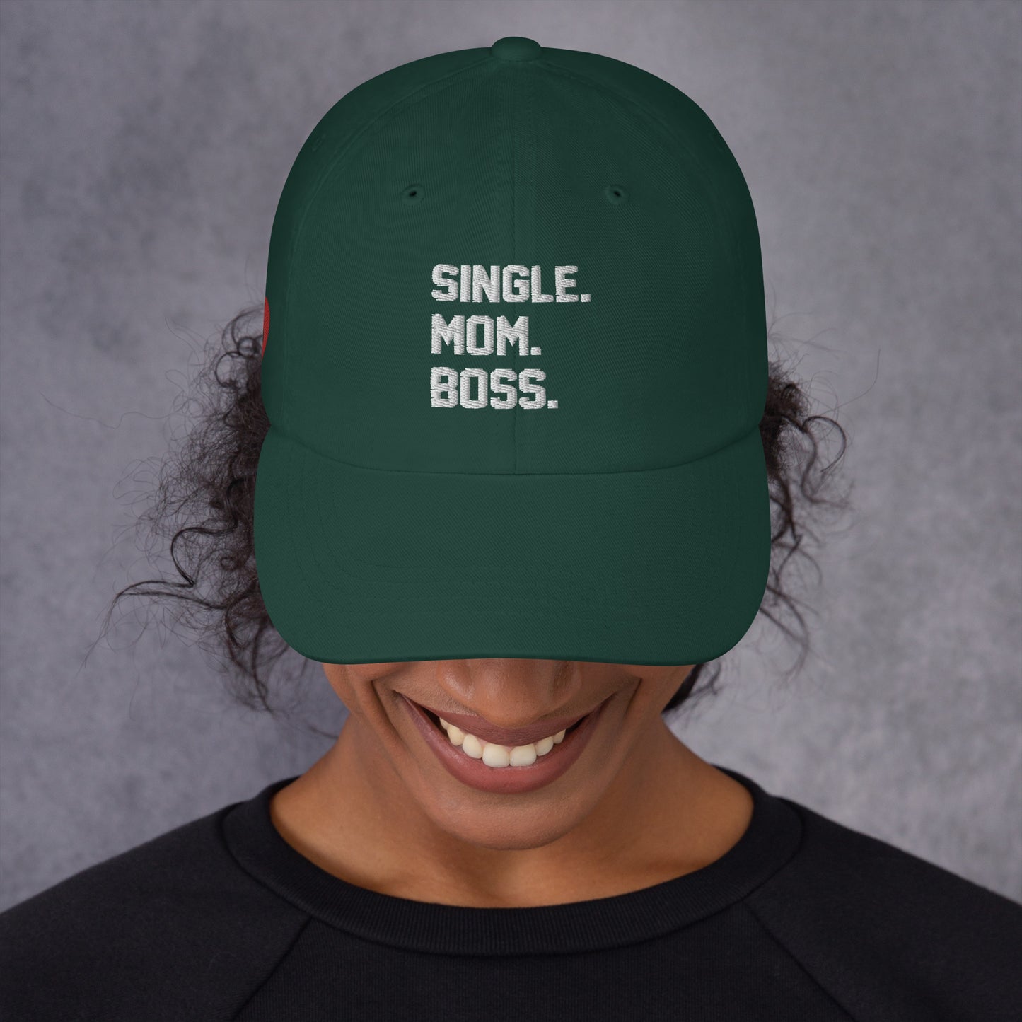 SINGLE. MOM. BOSS. "MOM" HAT (WHITE + RED)