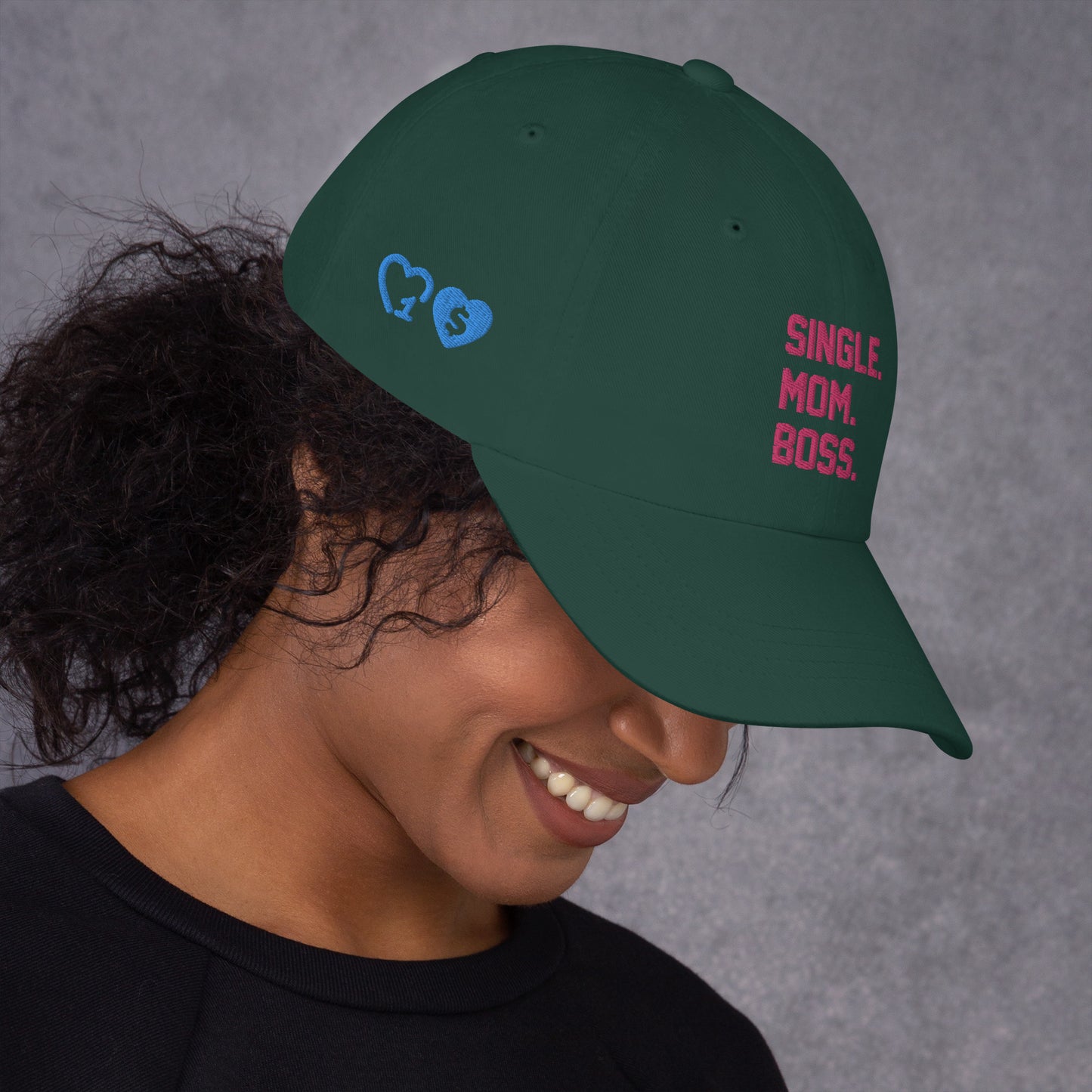 SINGLE. MOM. BOSS. "MOM" HAT (PINK + BLUE)