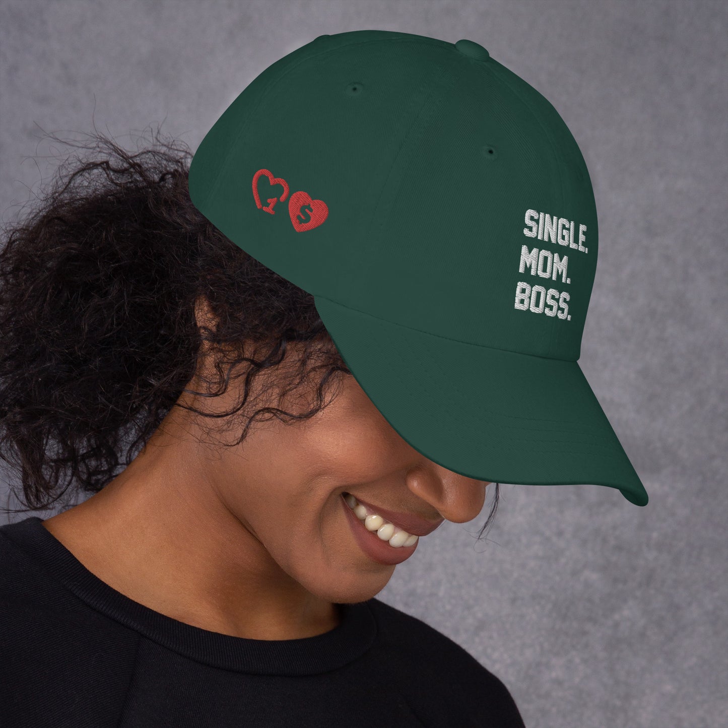 SINGLE. MOM. BOSS. "MOM" HAT (WHITE + RED)