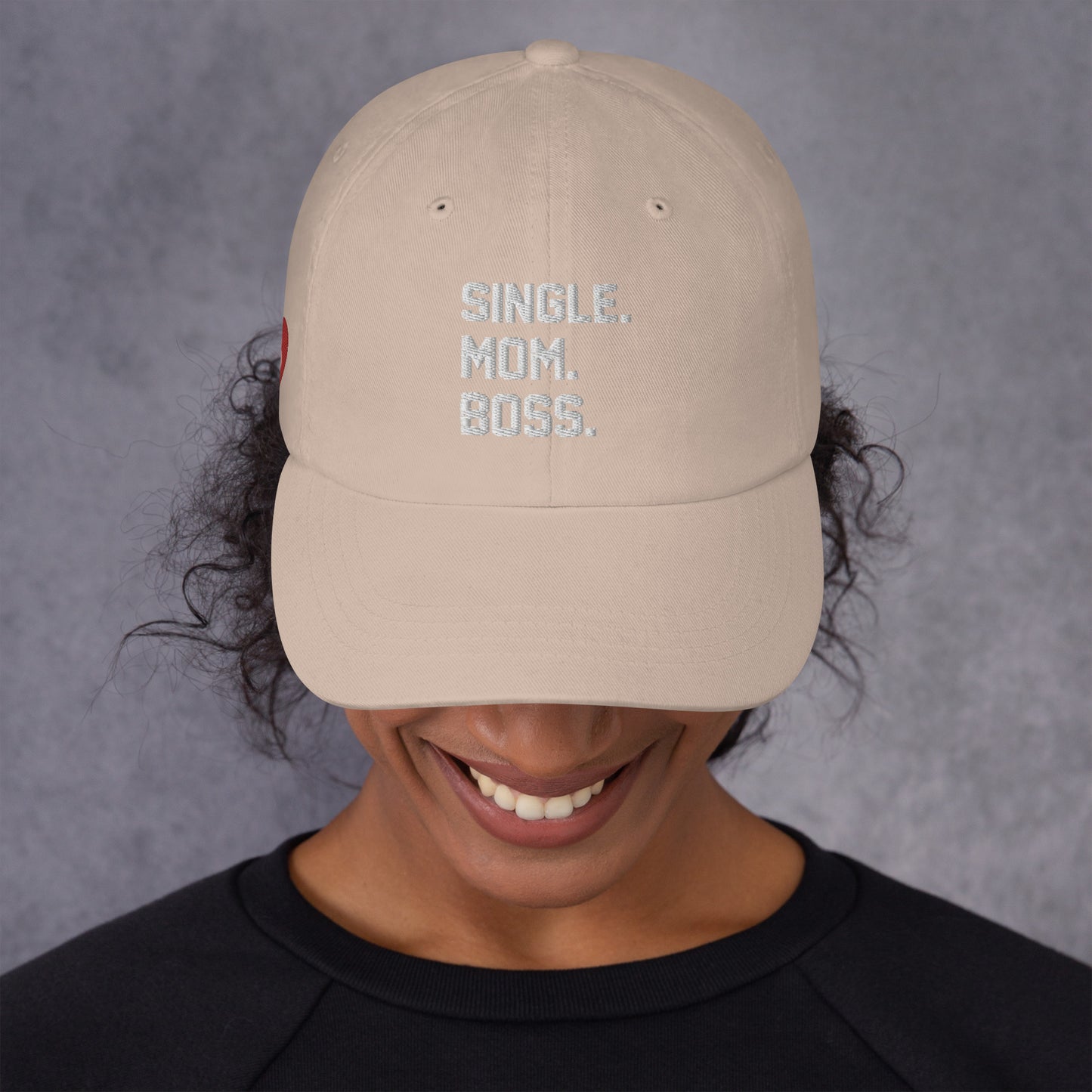 SINGLE. MOM. BOSS. "MOM" HAT (WHITE + RED)
