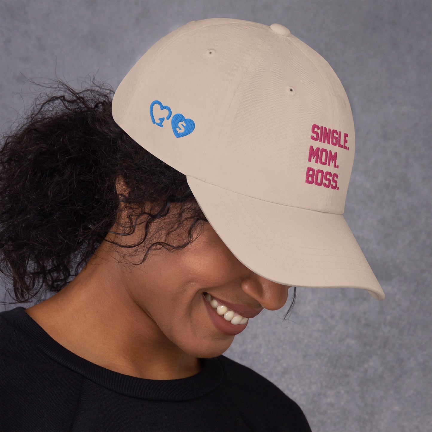 SINGLE. MOM. BOSS. "MOM" HAT (PINK + BLUE)