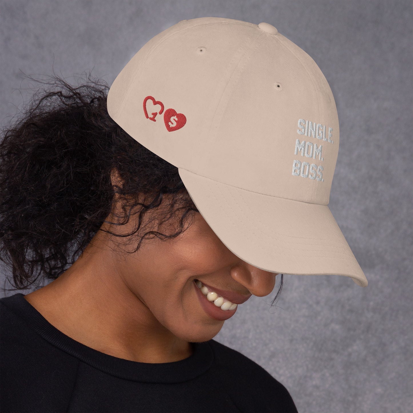 SINGLE. MOM. BOSS. "MOM" HAT (WHITE + RED)