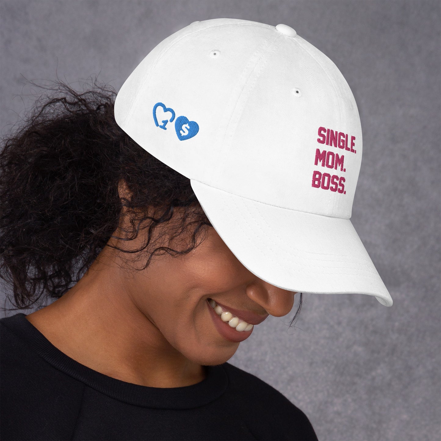 SINGLE. MOM. BOSS. "MOM" HAT (PINK + BLUE)