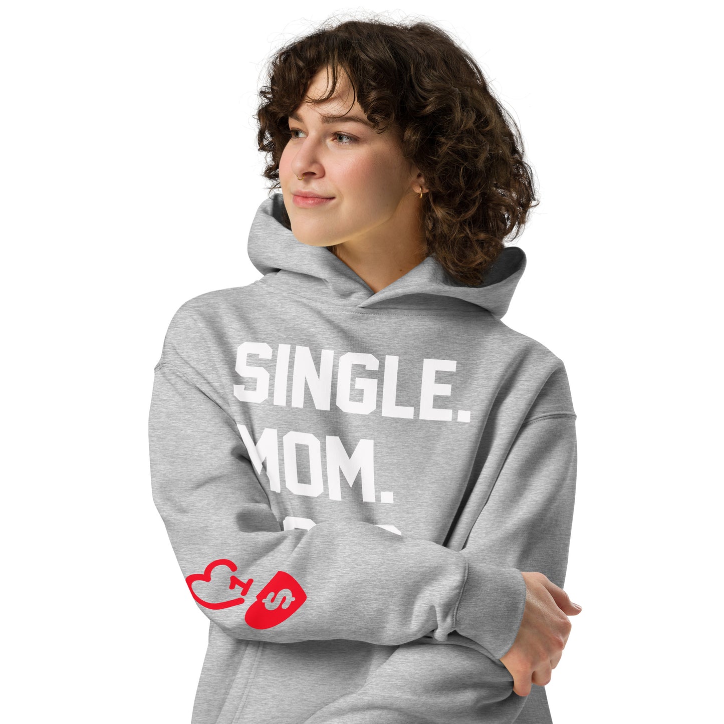 SINGLE. MOM. BOSS. OVERSIZED HOODIE (WHITE + RED)