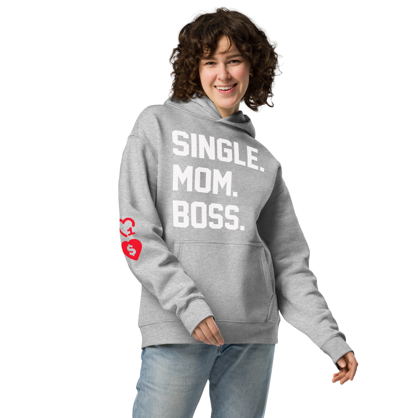 SINGLE. MOM. BOSS. OVERSIZED HOODIE (WHITE + RED)
