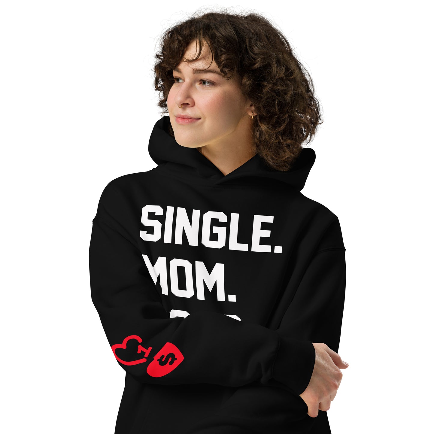 SINGLE. MOM. BOSS. OVERSIZED HOODIE (WHITE + RED)