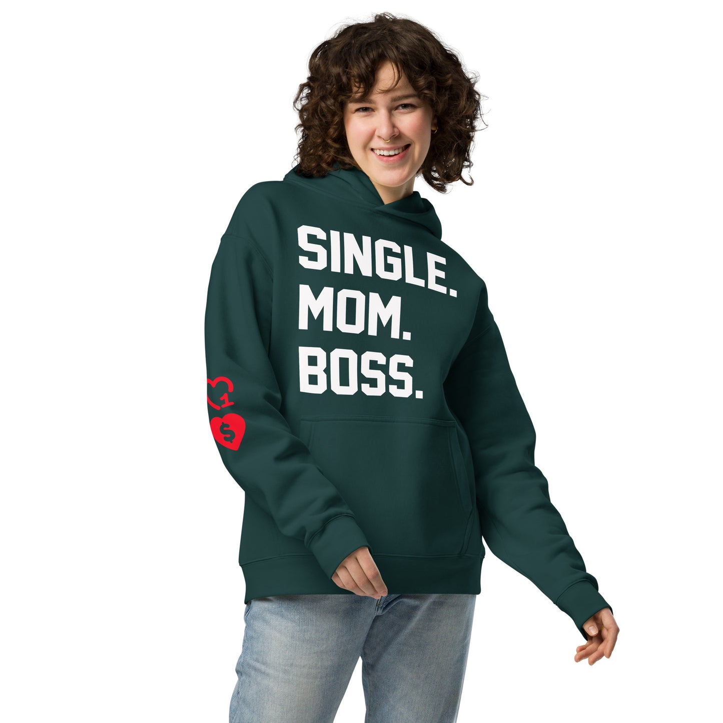 SINGLE. MOM. BOSS. OVERSIZED HOODIE (WHITE + RED)
