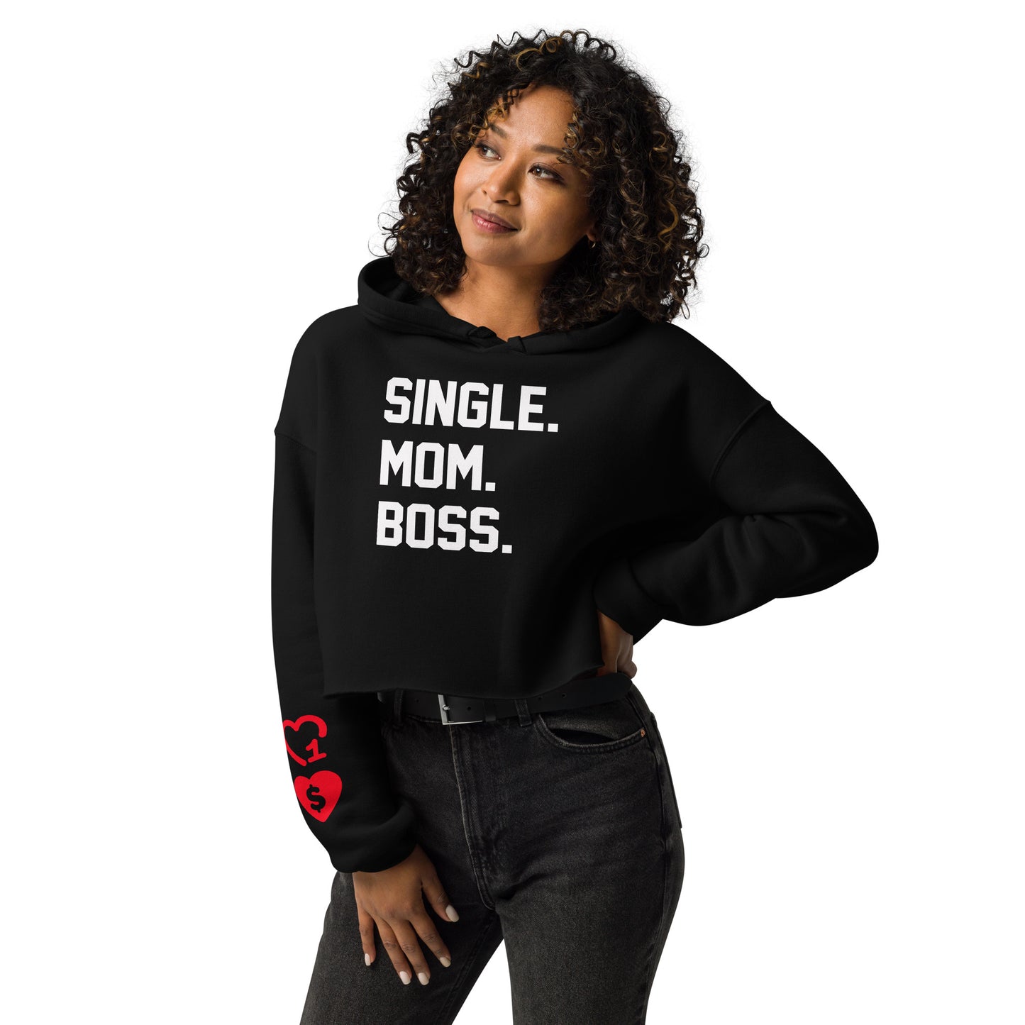 SINGLE. MOM. BOSS. CROP HOODIE (WHITE + RED)
