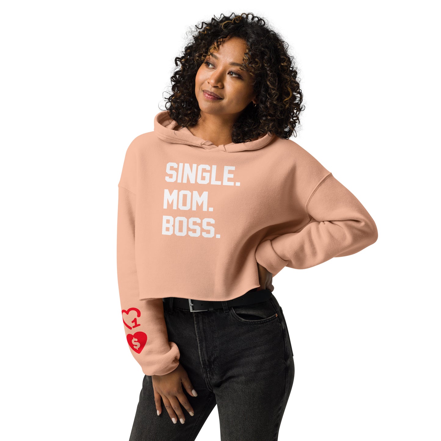 SINGLE. MOM. BOSS. CROP HOODIE (WHITE + RED)