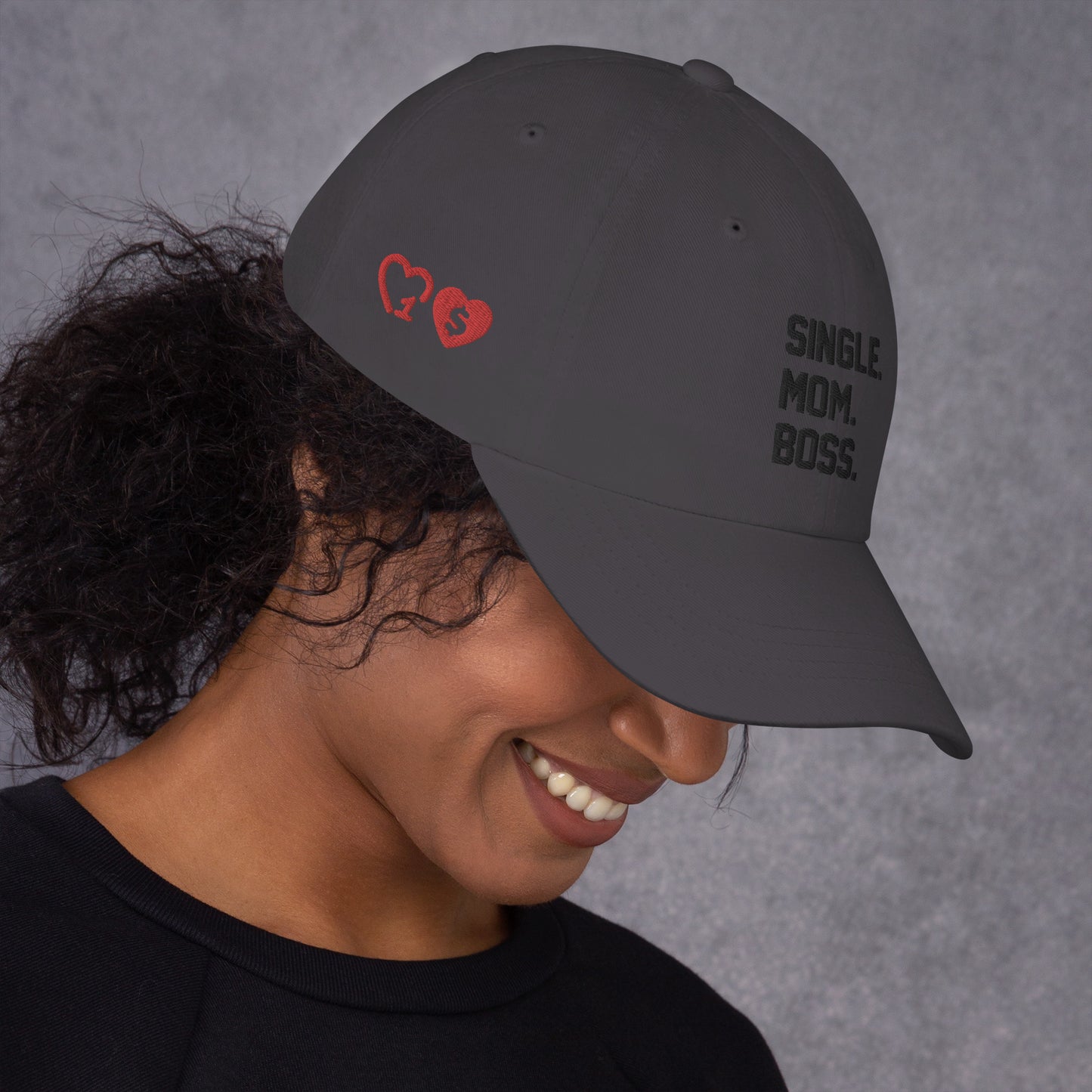 SINGLE. MOM. BOSS. "MOM" HAT (BLACK + RED)