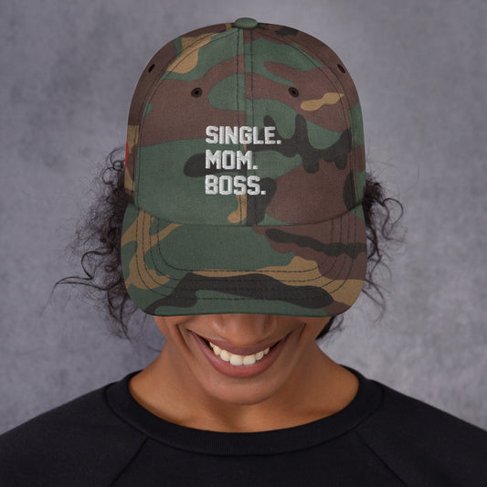 SINGLE. MOM. BOSS. "MOM" HAT (WHITE + RED)