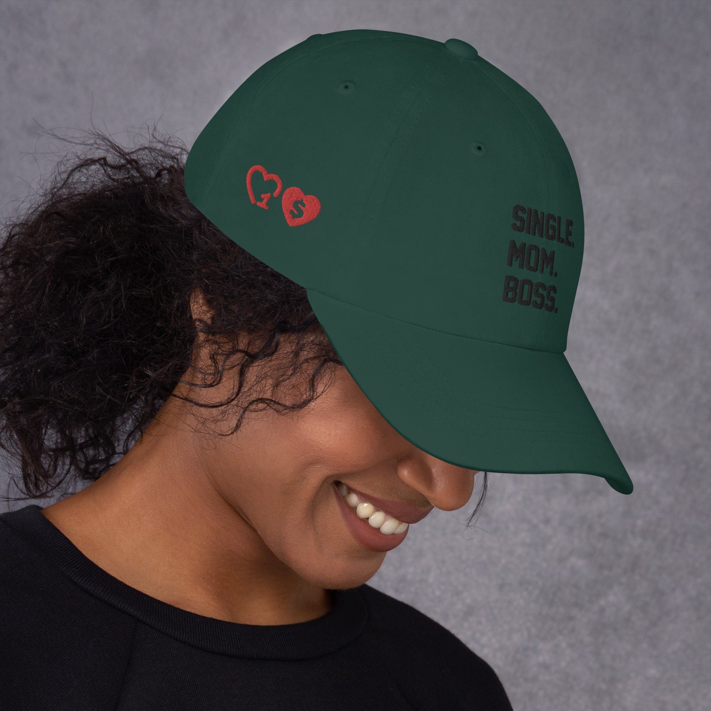 SINGLE. MOM. BOSS. "MOM" HAT (BLACK + RED)