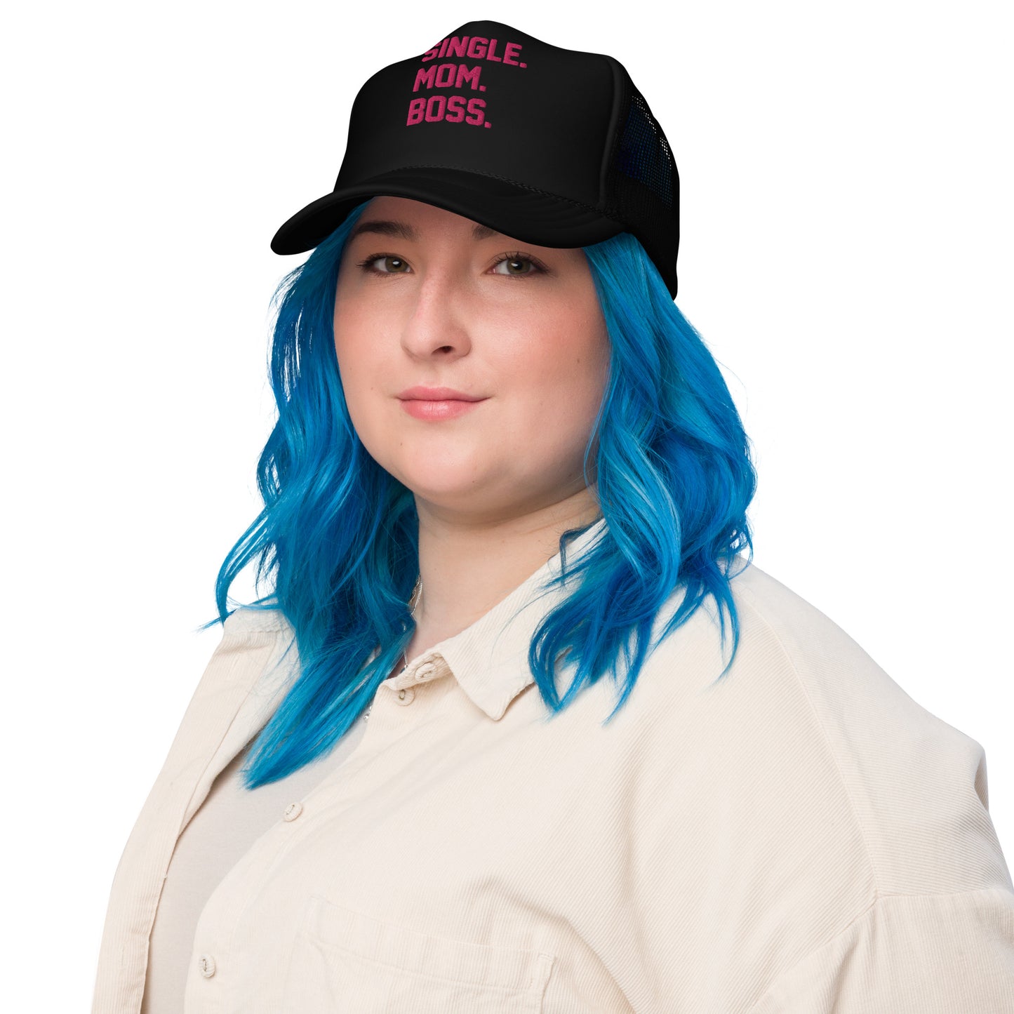 SINGLE. MOM. BOSS. FOAM TRUCKER HAT (PINK)