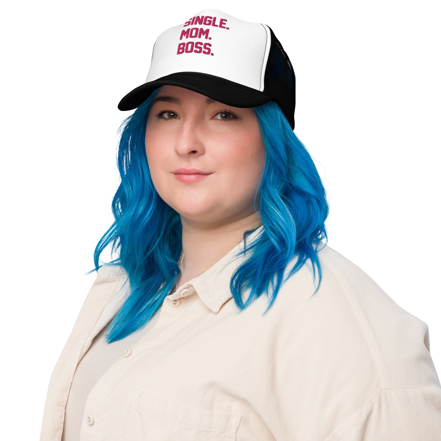 SINGLE. MOM. BOSS. FOAM TRUCKER HAT (PINK)