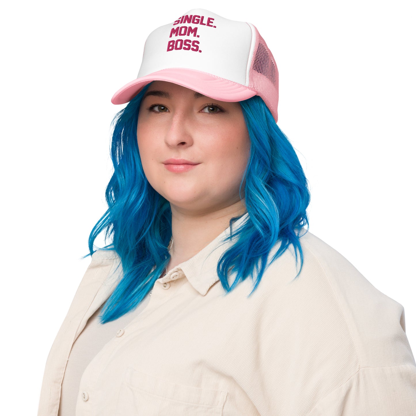 SINGLE. MOM. BOSS. FOAM TRUCKER HAT (PINK)