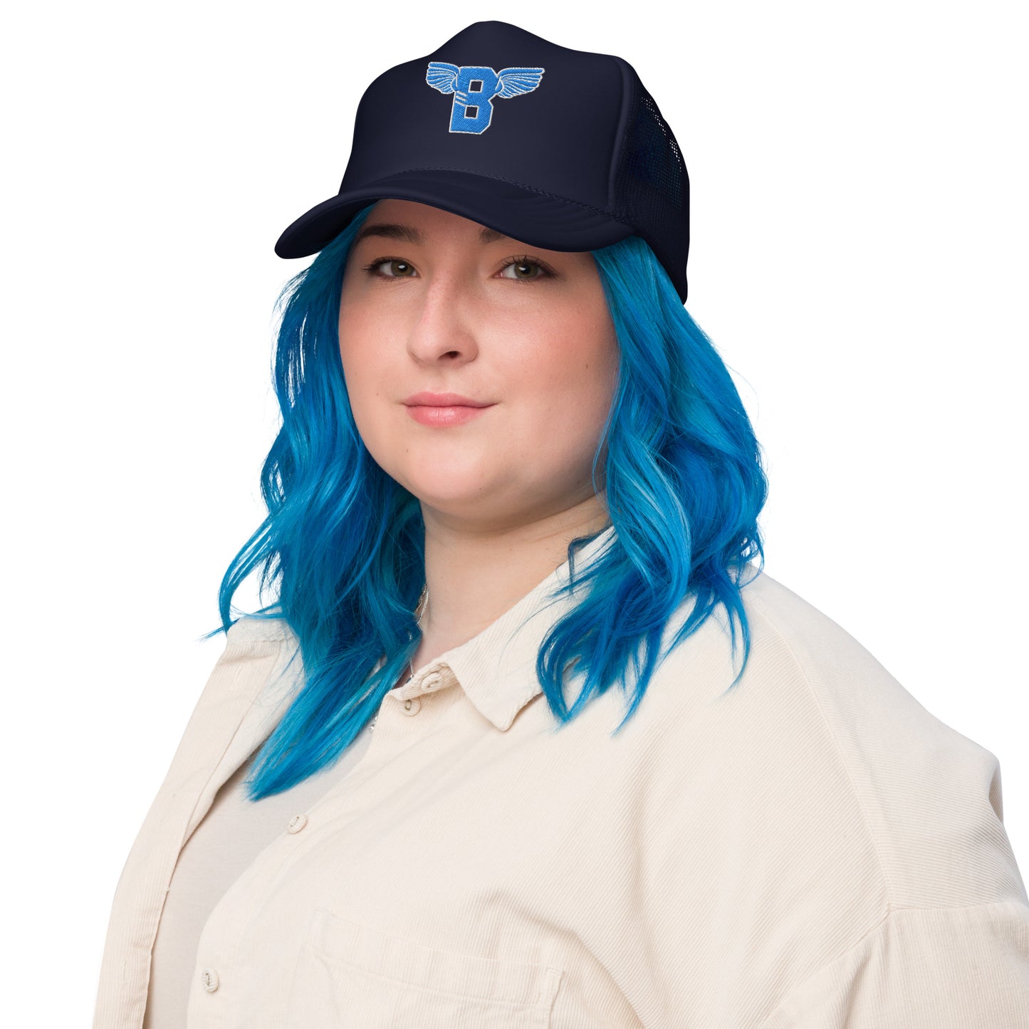 "B" IS FOR BROOKLYN - B-WING FOAM TRUCKER HAT (VIVID BLUE STITCH)