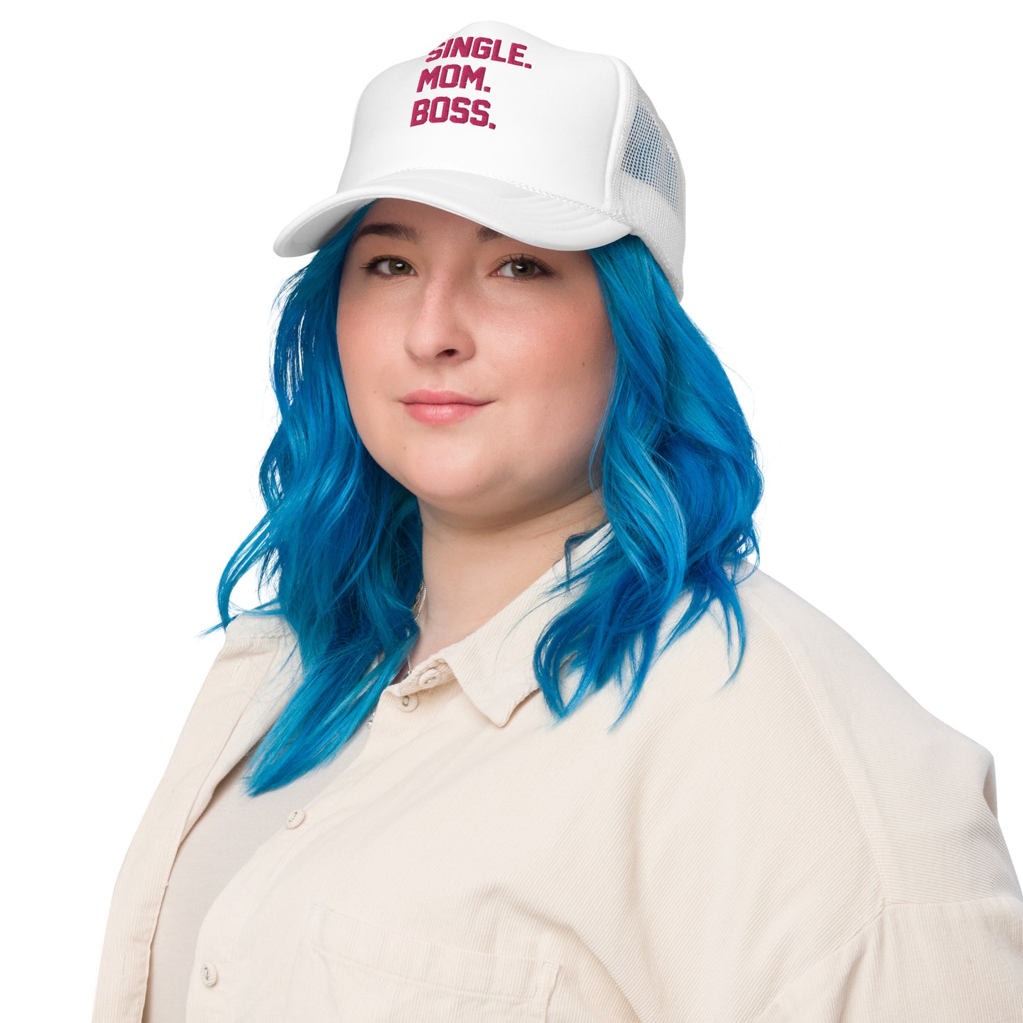 SINGLE. MOM. BOSS. FOAM TRUCKER HAT (PINK)