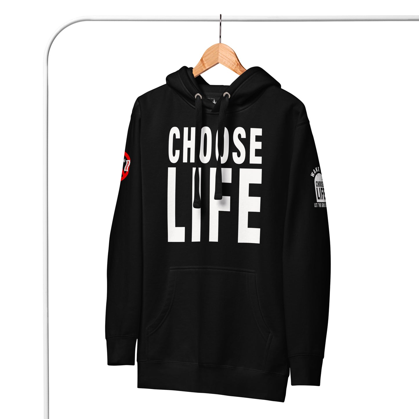 CHOOSE LIFE X FXCK GUNZ UNISEX HOODIE (WHITE PRINT)