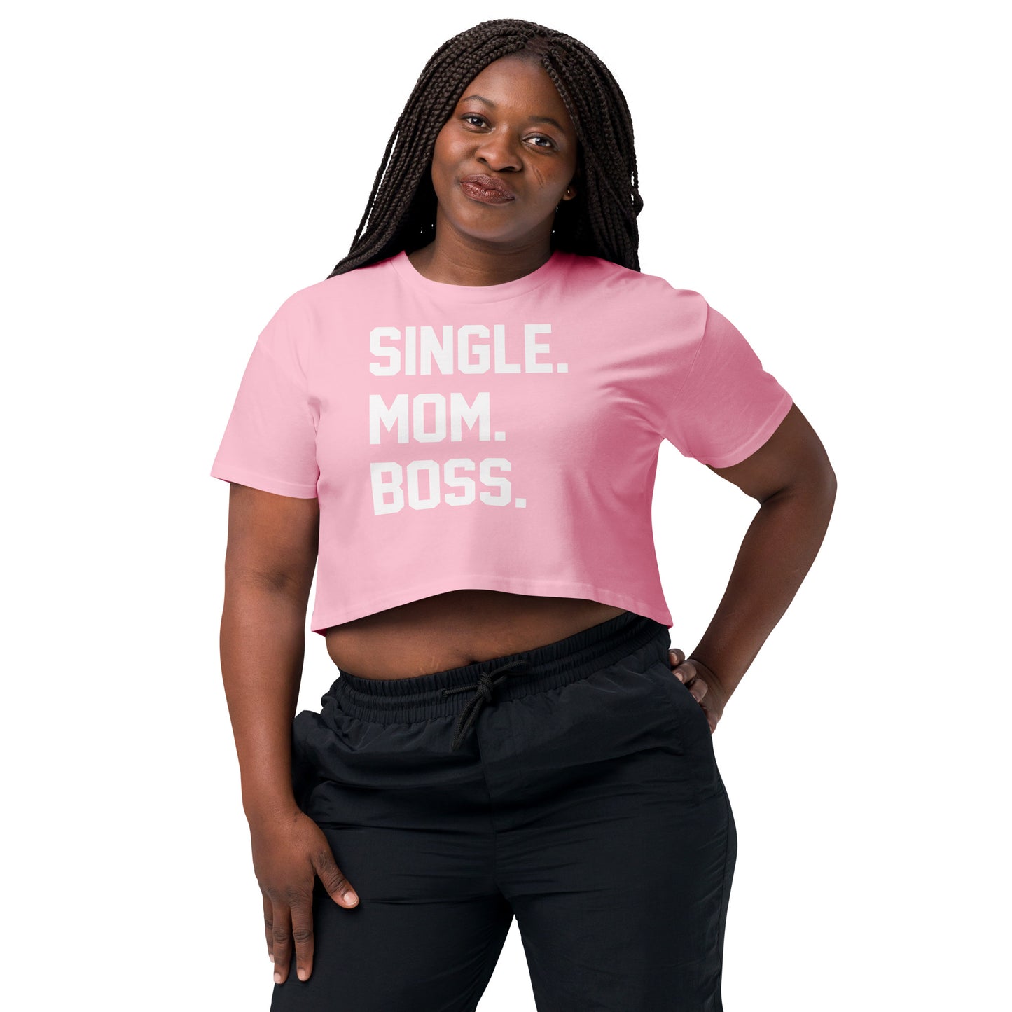 SINGLE. MOM. BOSS. WOMEN's CROP TOP (WHITE + RED)