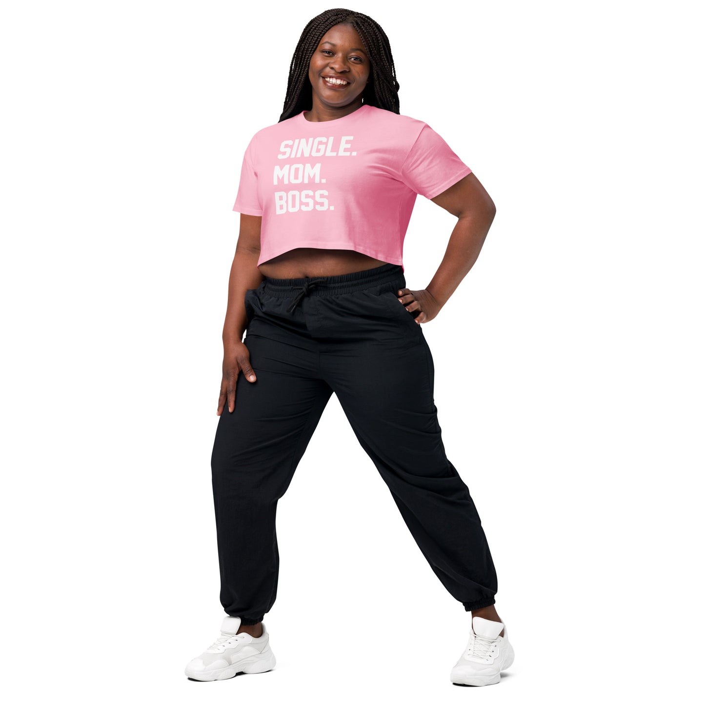 SINGLE. MOM. BOSS. WOMEN's CROP TOP (WHITE + RED)