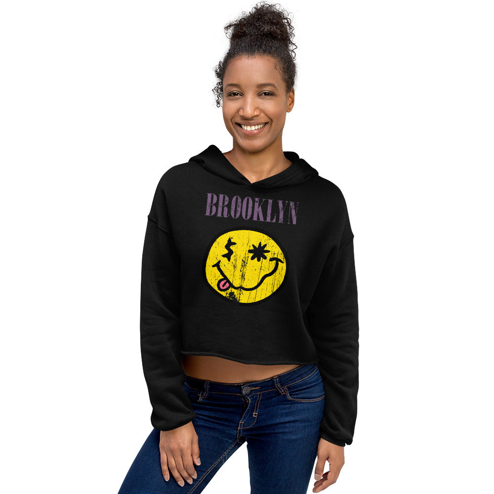 BK ROX - DISTRESSED BROOKLYN "SMILEY" FACE CROP HOODIE