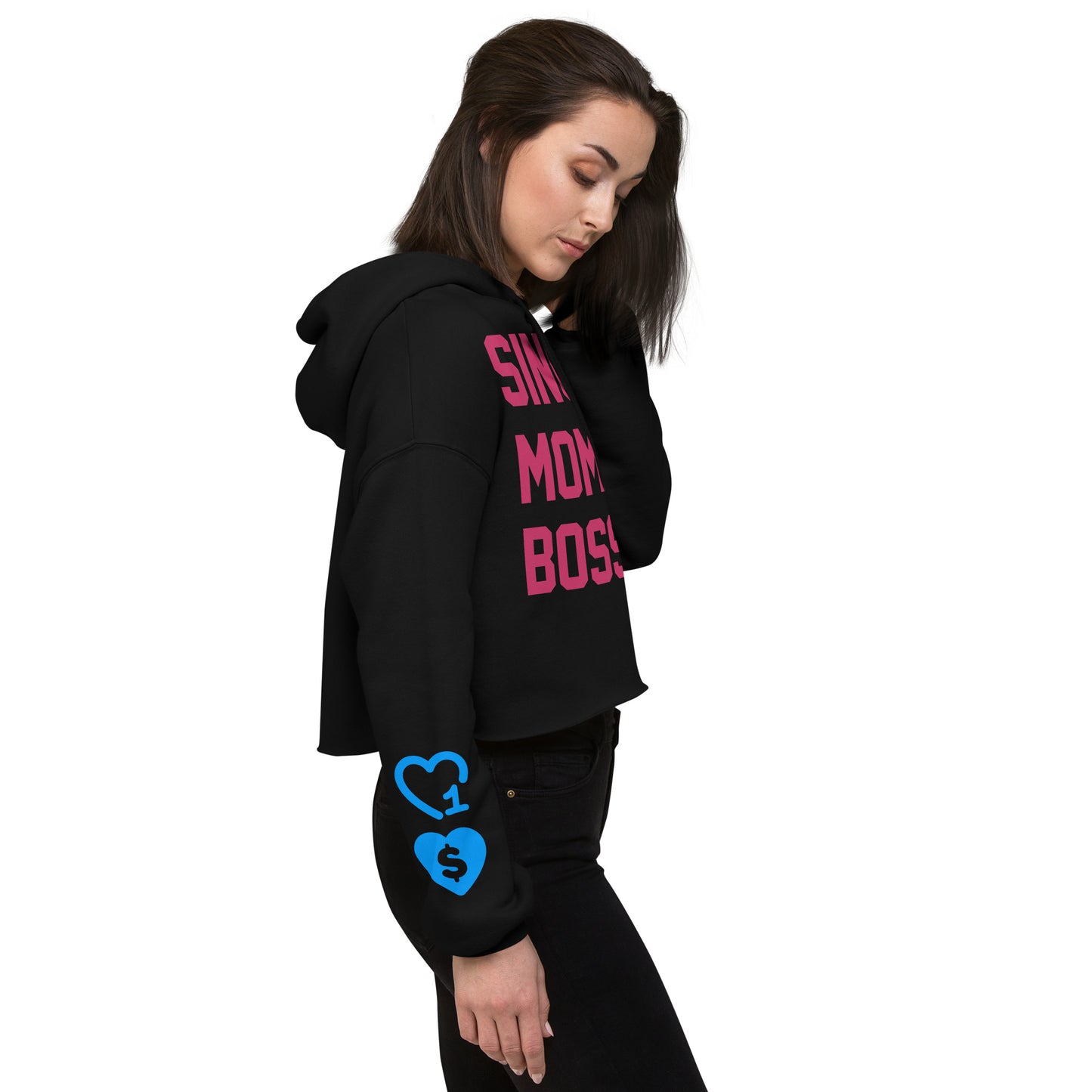 SINGLE. MOM. BOSS. CROP HOODIE (PINK + BLUE)