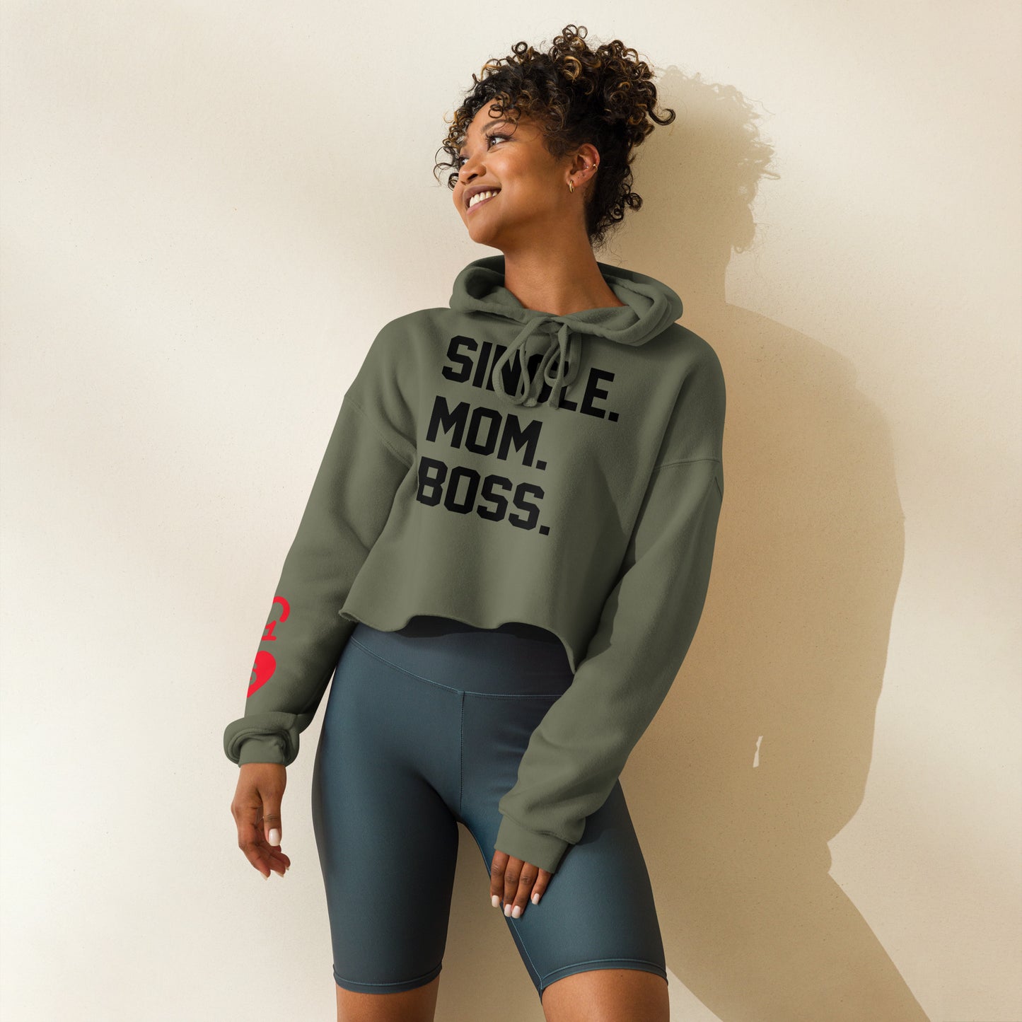 SINGLE. MOM. BOSS. CROP HOODIE (BLACK + RED)