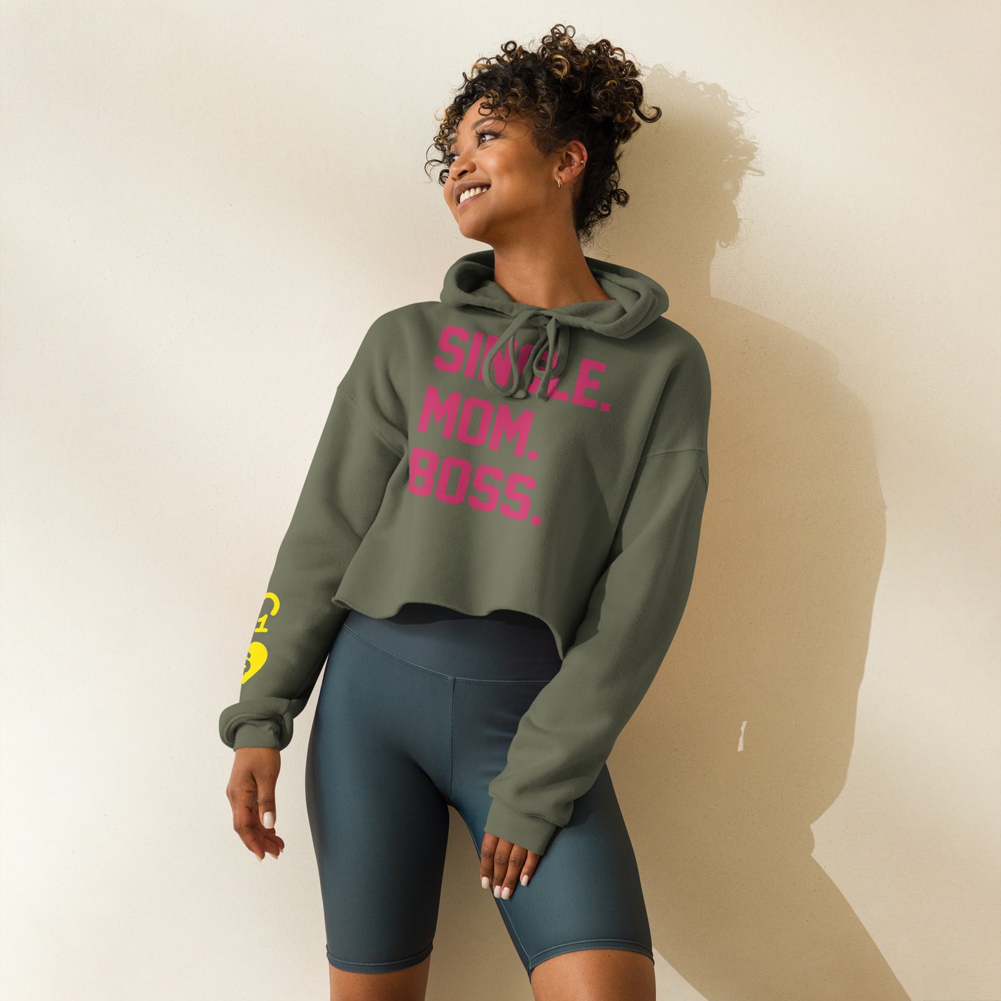 SINGLE. MOM. BOSS. CROP HOODIE (PINK + YELLOW)