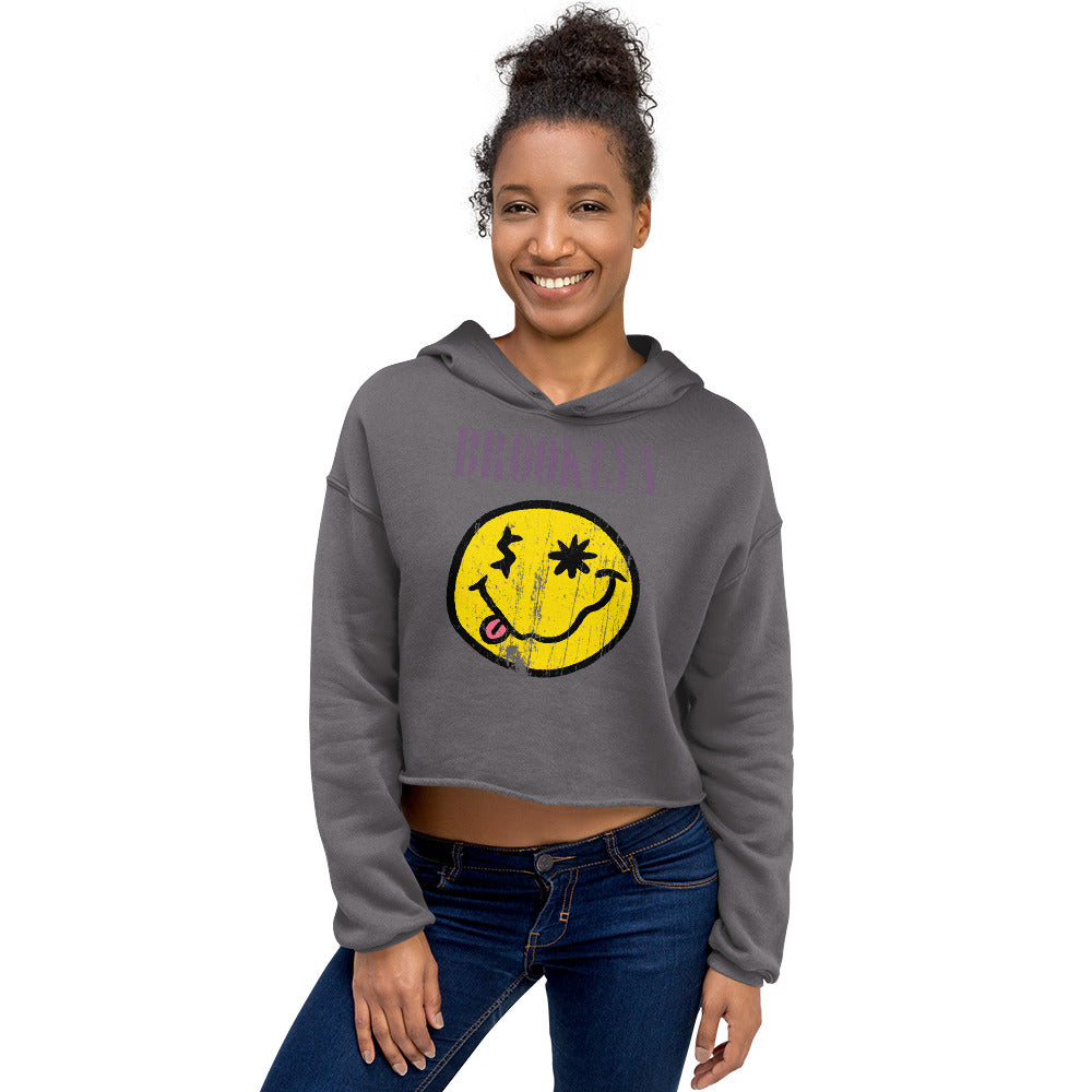 BK ROX - DISTRESSED BROOKLYN "SMILEY" FACE CROP HOODIE